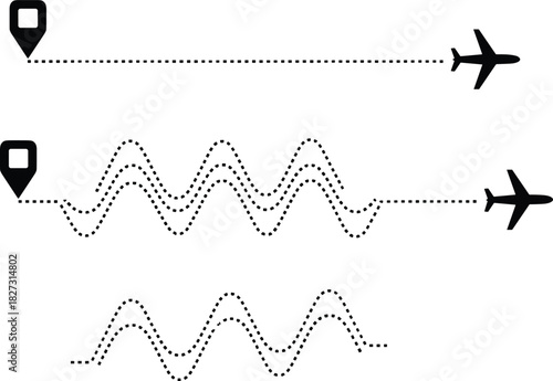 Flight path lines set, travel routes with straight and turbulent dotted lines from location pin to airplane, representing smooth or rough journey vector.