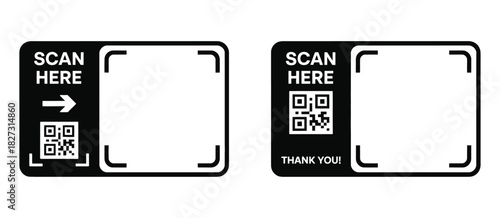 QR Code Scan Here Frame In Clean Black Outline, Vector Illustration Featuring Barcode Style Elements, Printable Scan Me Sticker Template, And Transparent PNG Background For Digital And Physical Use