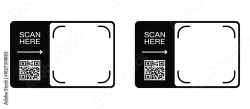 QR Code Scan Here Frame In Clean Black Outline, Vector Illustration Featuring Barcode Style Elements, Printable Scan Me Sticker Template, And Transparent PNG Background For Digital And Physical Use