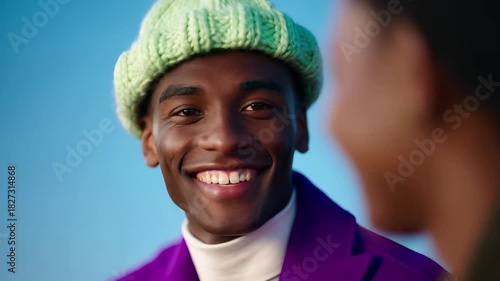 Young Man Smiling in Green Knit Hat
