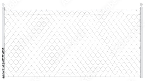 Isolated White Chain Link Fence Section with Steel Posts and Wire Mesh Grid Pattern, Security, Barrier, Boundary on Pure White Background Vector