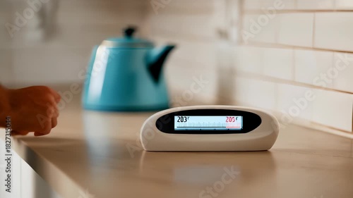 Digital thermometer on kitchen counter showing temperature reading
