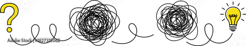 Problem-solving, complex challenge, and idea generation process from question mark through confused chaos to sudden brilliant glowing lightbulb success.