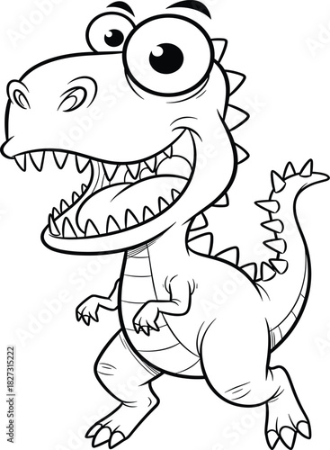 Cheerful Cartoon Tyrannosaurus Rex Line Art Coloring Page Outline Happy Dinosaur Character Illustration Black and White Vector Drawing Roaring Prehistoric Animal Mascot Design Isolated on White.