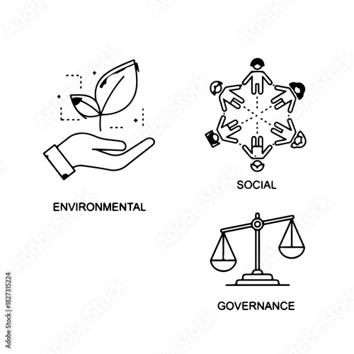 Minimalist line art symbols illustrating the core elements of Environmental, Social, and Governance (ESG) framework, vital for sustainable business and ethical decision-making