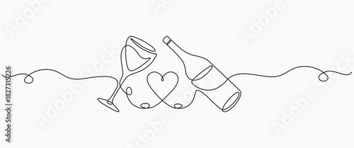 Wine bottle and glass with wine, one continuous line sketch. Line art, vector illustration