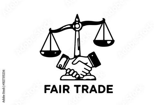 Fair Trade Symbol Scales of Justice with Handshake, representing ethical business and global commerce