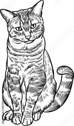 Vintage hand drawn sketch sit smile cat stripes detail fur