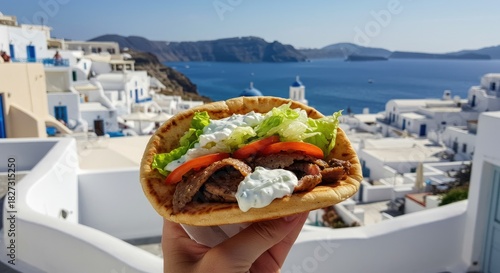 Fototapeta Naklejka Na Ścianę i Meble -  Savory meat-filled pita with fresh toppings, against a scenic Greek island backdrop