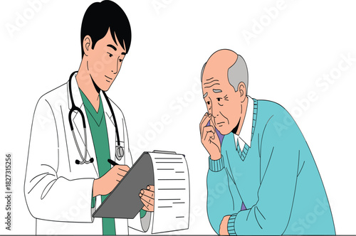 Young male doctor taking notes and consulting with a worried senior male patient about his serious health issues during a crucial medical examination vector.