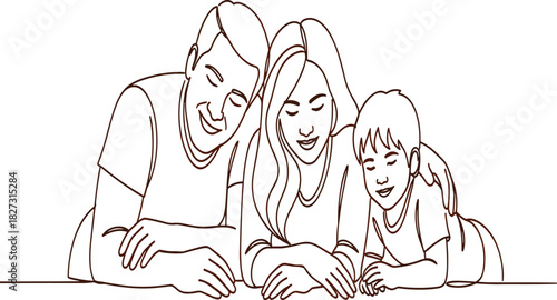 Happy nuclear family father mother son lying together enjoying tender moment loving relationship simple line drawing illustration concept background vector art.
