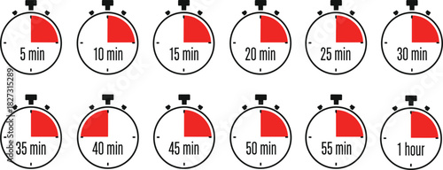 Set of Stopwatch Timer Icons, Time Interval from 5 Minutes to 1 Hour, Countdown Clock Face Collection, Measurement and Limited Time Symbol Vector Illustration for Apps