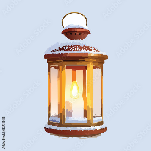 3D photorealistic frost-covered lantern glowing faint warm light, isolated PNG.