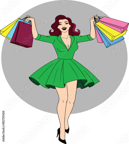 Ecstatic retro style pin-up woman in a green dress celebrating a massive shopping spree, holding many colorful bags, successful consumerism vector art.