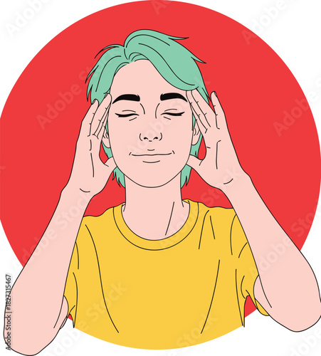 Young person with mint green hair holding temples, eyes closed, concentrating, meditating, or feeling relief from stress, mind focus illustration vector.
