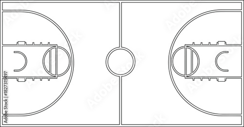 Top View Outline of Basketball Court Layout, Center Circle, Free Throw Lines, and Key Areas, Sports Game Strategy Template, Black and White Vector Illustration