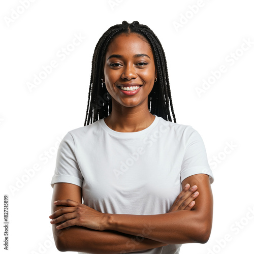 Confident black woman smiling with arms crossed wearing white t-shirt studio portrait isolated on transparent background