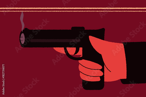 Side view of smoking pistol in hand, minimal crime and weapon concept.