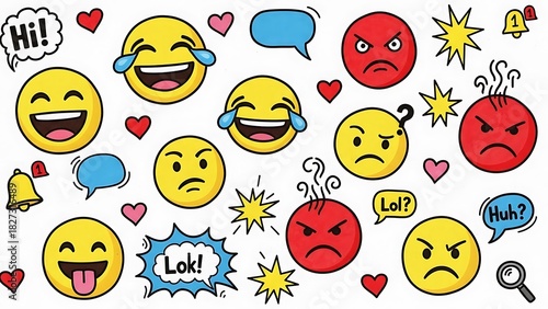 Collection of various funny, angry, and confused emoji faces with speech bubbles and hearts isolated on white background