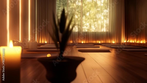 Yoga studio interior wooden floor and natural light with candles