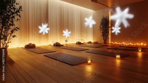 Yoga studio interior with soft lighting and projected snowflake elements