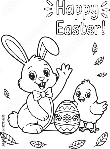 Black and white Easter features a rabbit, chick, floral egg, and Happy Easter text