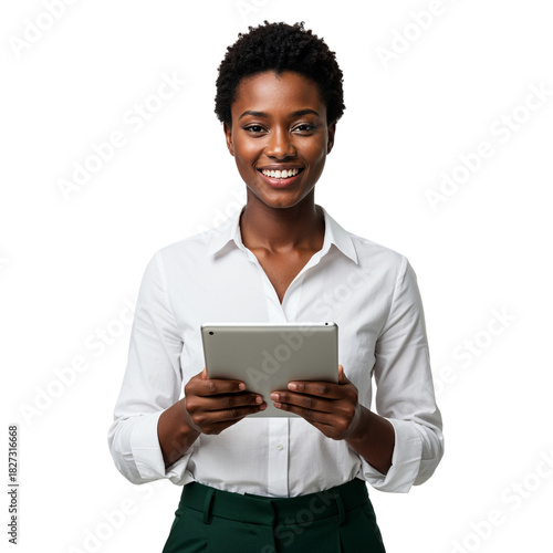 Confident young black woman holding tablet smiling professionally ready for business success isolated on transparent background