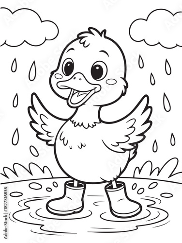 Cartoon duckling happily splashes through puddles in its boots as rain falls all around