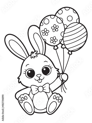 Cartoon rabbit with bow tie holds three balloons having striped and flower patterns