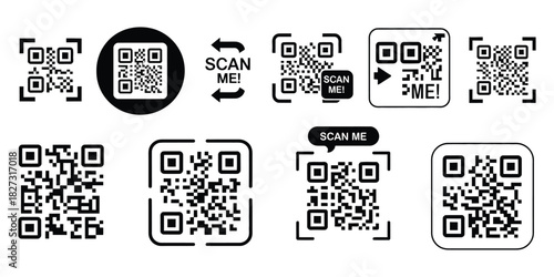 QR Code Frame Set With Scan Me Text, Clean Vector Illustration Featuring Multiple Layouts For Scan Icons, Digital Navigation Markers, Printable Label Templates, And Modern Black And White Interface