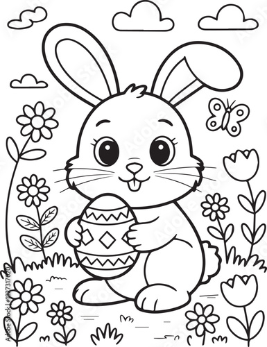 Cute cartoon bunny embraces a decorated Easter egg among springtime flowers and clouds with transparent background