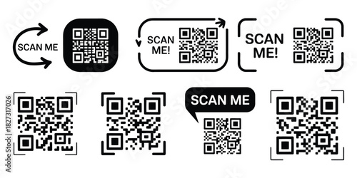 QR Code Frame Set With Scan Me Text, Clean Vector Illustration Featuring Multiple Layouts For Scan Icons, Digital Navigation Markers, Printable Label Templates, And Modern Black And White Interface