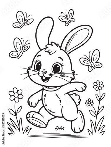 Cheerful line art shows a cute bunny walking through flowers with butterflies around it