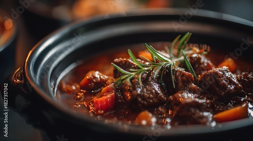 Fototapeta Naklejka Na Ścianę i Meble -  Delicious Slow-Cooked Beef Stew with Rosemary and Vegetables in a Black Pot.