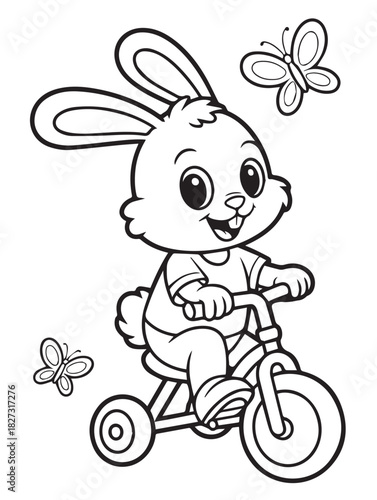 Joyful bunny pedals a tricycle while butterflies flutter in this outlined transparent background design