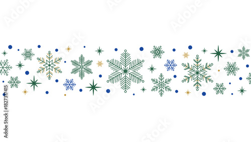 Christmas winter snowflakes vector background banner; Blue gold green line art elements seamless pattern; Holiday header illustration