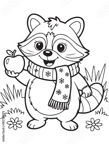 Outlined raccoon with scarf holds an apple amidst flowers and grass on white, isolated
