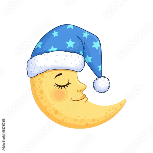 Cute Sleeping Crescent Moon with Blue Nightcap Cartoon Illustration