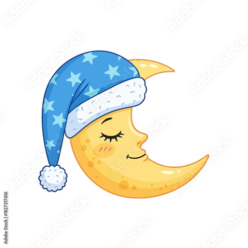 Cute Sleeping Crescent Moon with Blue Nightcap Cartoon Illustration