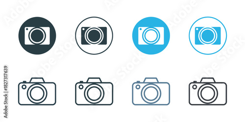 Camera Icon Set In Minimal Vector Style Featuring Circular Symbols And Line Art Designs, Clean Black, White, And Blue Variations Arranged In Balanced Rows For Modern Digital Interface, App, And Web Us