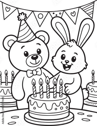Teddy bear and bunny are together celebrating their birthday near the birthday cake coloring page