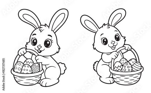 Two cartoon rabbits hold decorated egg baskets, presenting a cheerful, contrasting duo outlined against white
