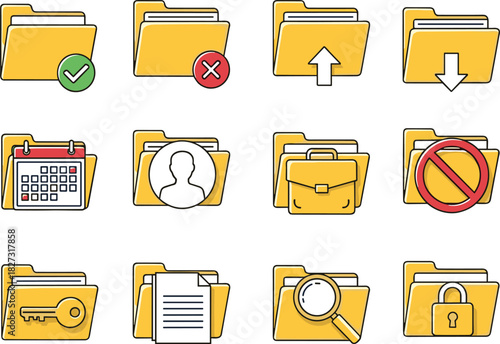 Folder icon set, file management symbols, digital storage graphics, flat vector interface, secure access icons, cad drawing flat vector illustration
