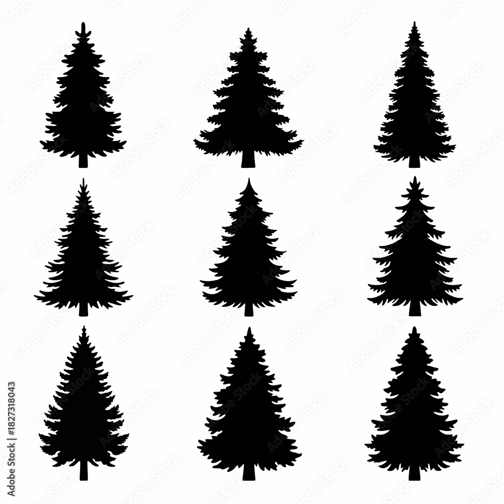 Fototapeta premium Set of Pine Tree Silhouettes: Detailed Forest Icon Pack