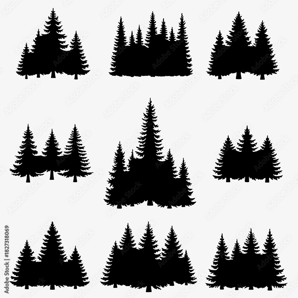 Obraz premium Grouped Pine Forest Silhouettes with Snowflakes: Winter Landscape