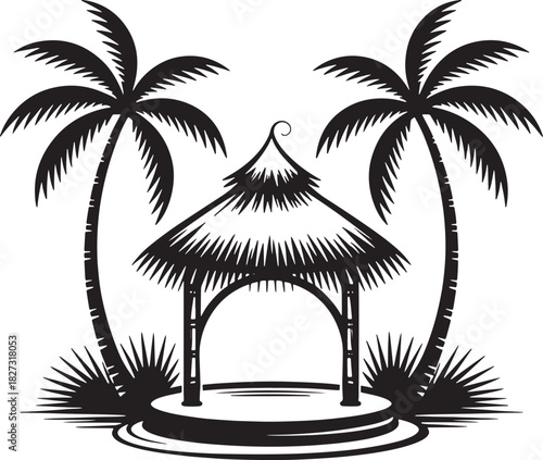 Beach Hut Vector Presenting Tropical Island Structure with Palm Trees and Sandy Area
