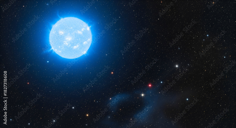 Fototapeta premium Bright blue star against a backdrop of distant stars and cosmic gas