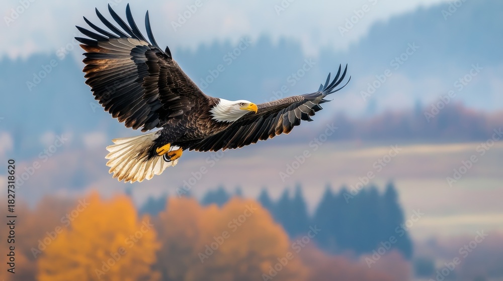 Fototapeta premium Bald Eagle in Flight Soaring Across a Mountain Landscape