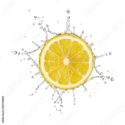 Fresh Lemon Slice Splashing into Water Isolated on White - Citrus Refreshment and Zest Concept