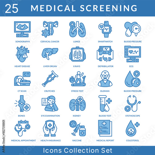 Medical Screening icon set collection in blue style. an icon pack contain lungs, smartwatch, blood pressure, heart disease, liver organ, x rays, defribillator, ecg, ct scan, crutches